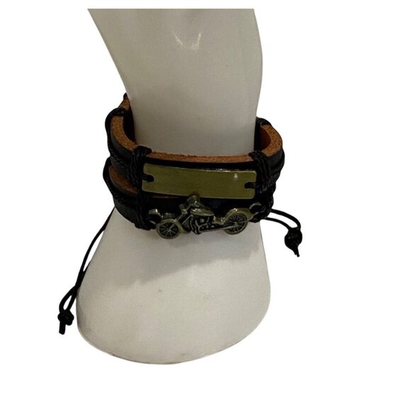Motorcycle genuine Leather Bracelets set of 2  With Adjustable Cord bikerco - Picture 1 of 13